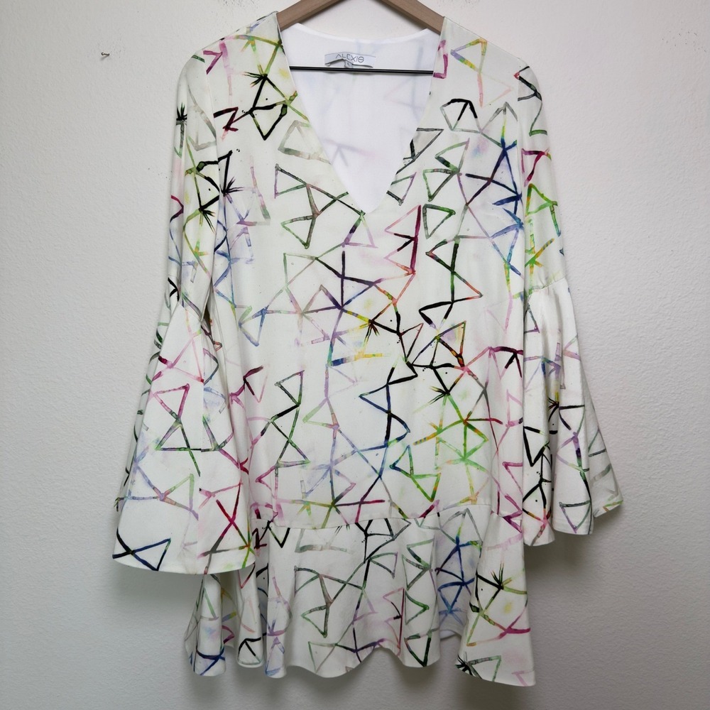Alexis Women 100% SILK Mini Dress Large Abstract Bell Sleeve Shift‎ Party Event